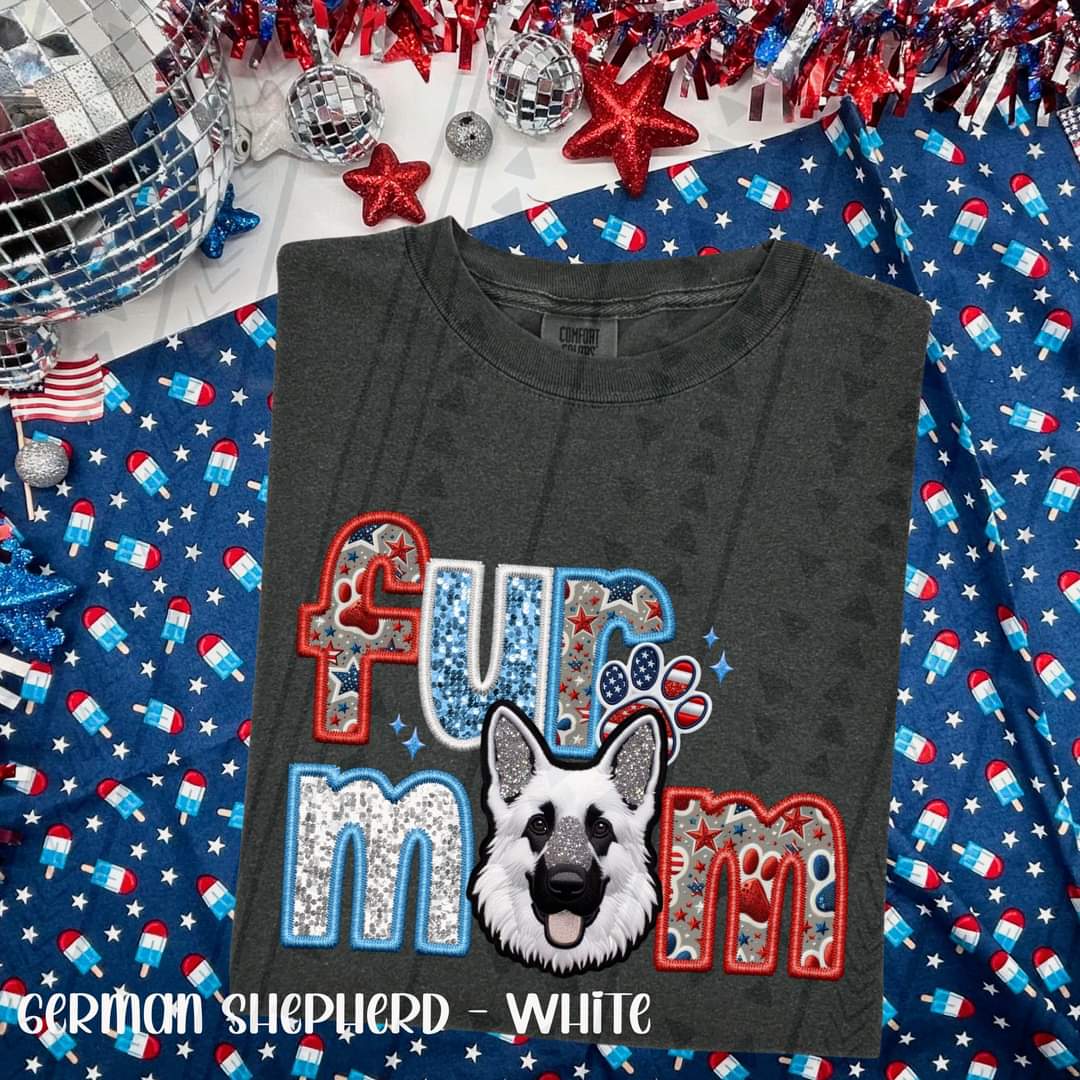 Fur mom white german shephard patriotic embroidery 33543 DTF transfer