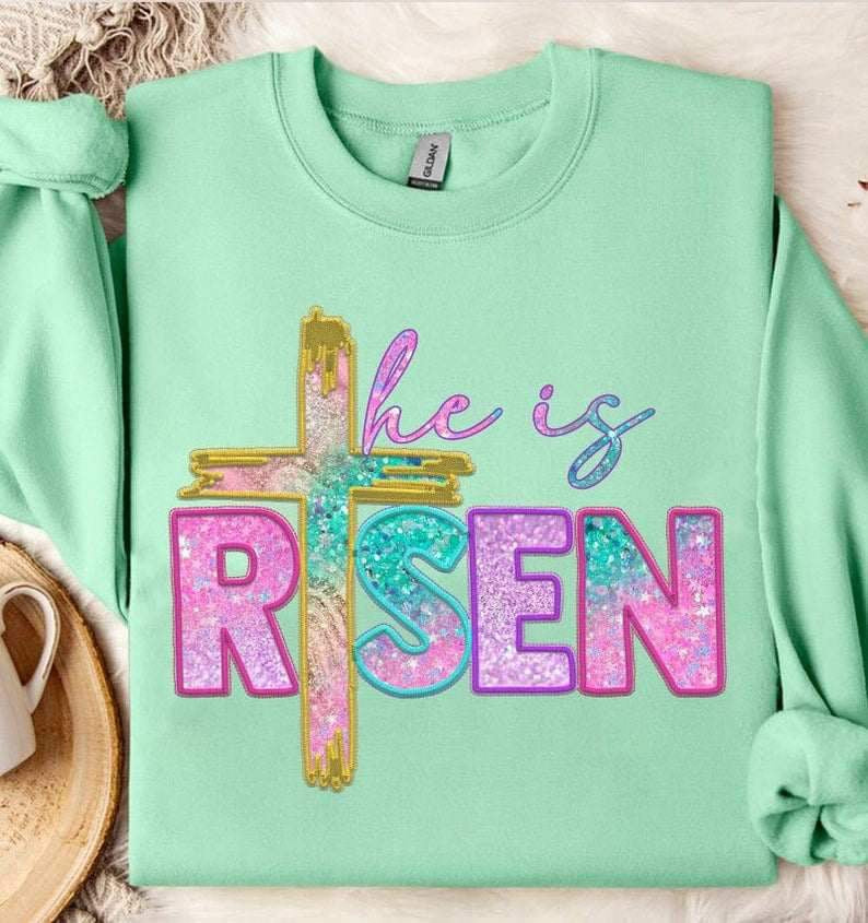 He is risen pink purple blue sequin 24569 DTF transfer
