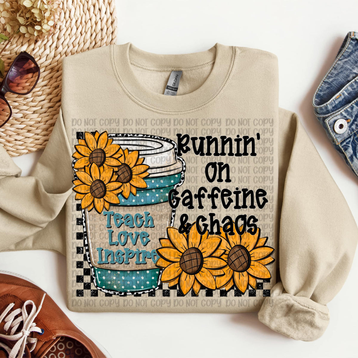 Caffeine and chaos teacher sunflowers VP DTF transfer