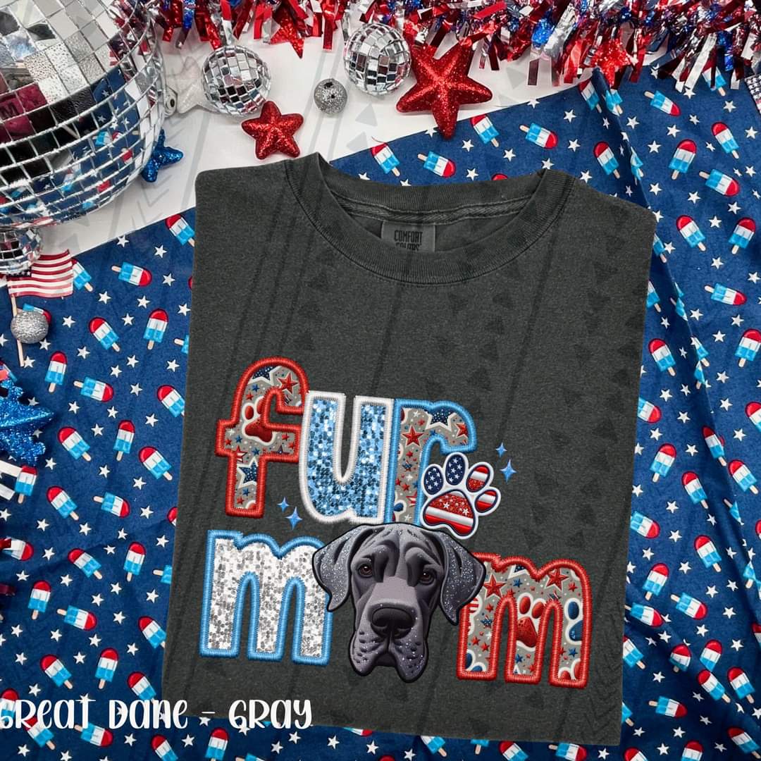 Fur mom grey great dane patriotic embroidery 33542 DTF transfer