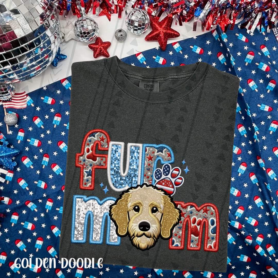 Fur mom golden doodle patriotic embroidery 33533 DTF transfer
