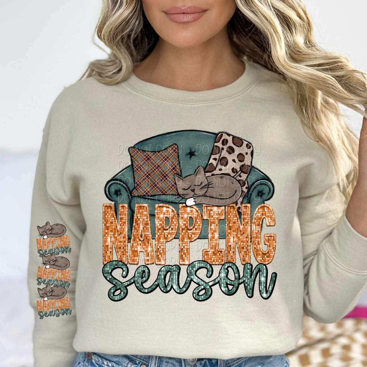 Napping season (sequin with napping cat) FRONT ONLY 11339 DTF TRANSFER