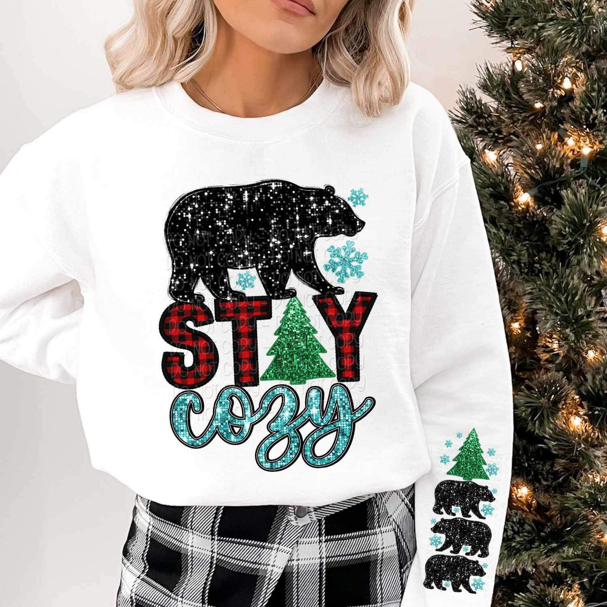 Stay cozy (sequin with bear and buffalo plaid letters) FRONT ONLY 11337  DTF TRANSFER