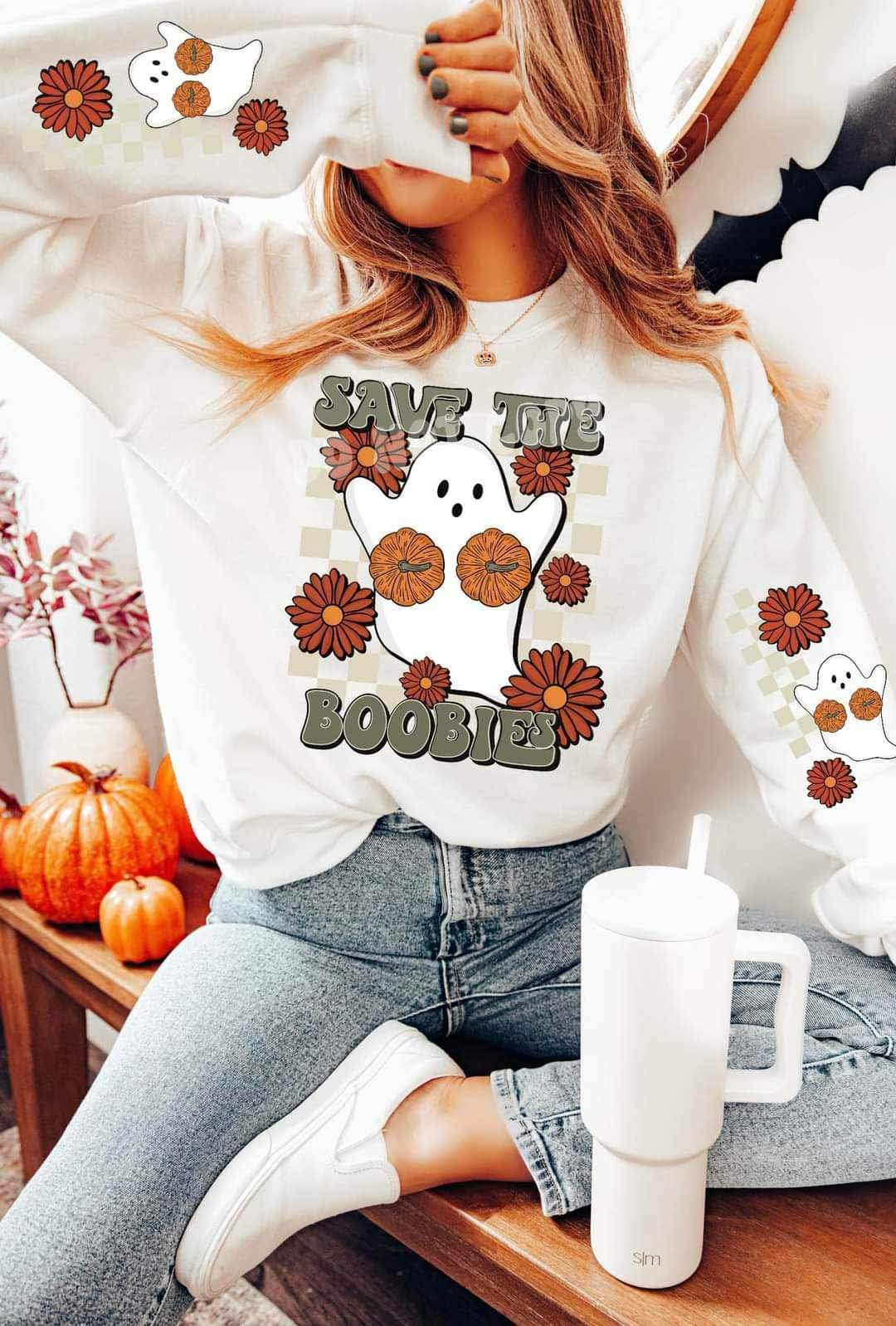 Save the boobies (ghost with pumpkins anf flowers) FRONT ONLY 11335  DTF TRANSFER