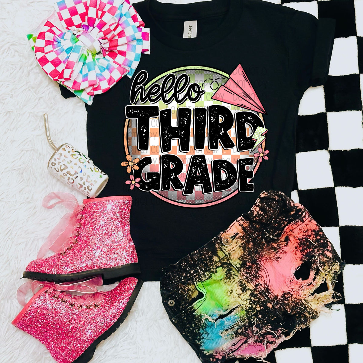 Hello third grade checkered circle GIRL (SWD) 33559 DTF transfer