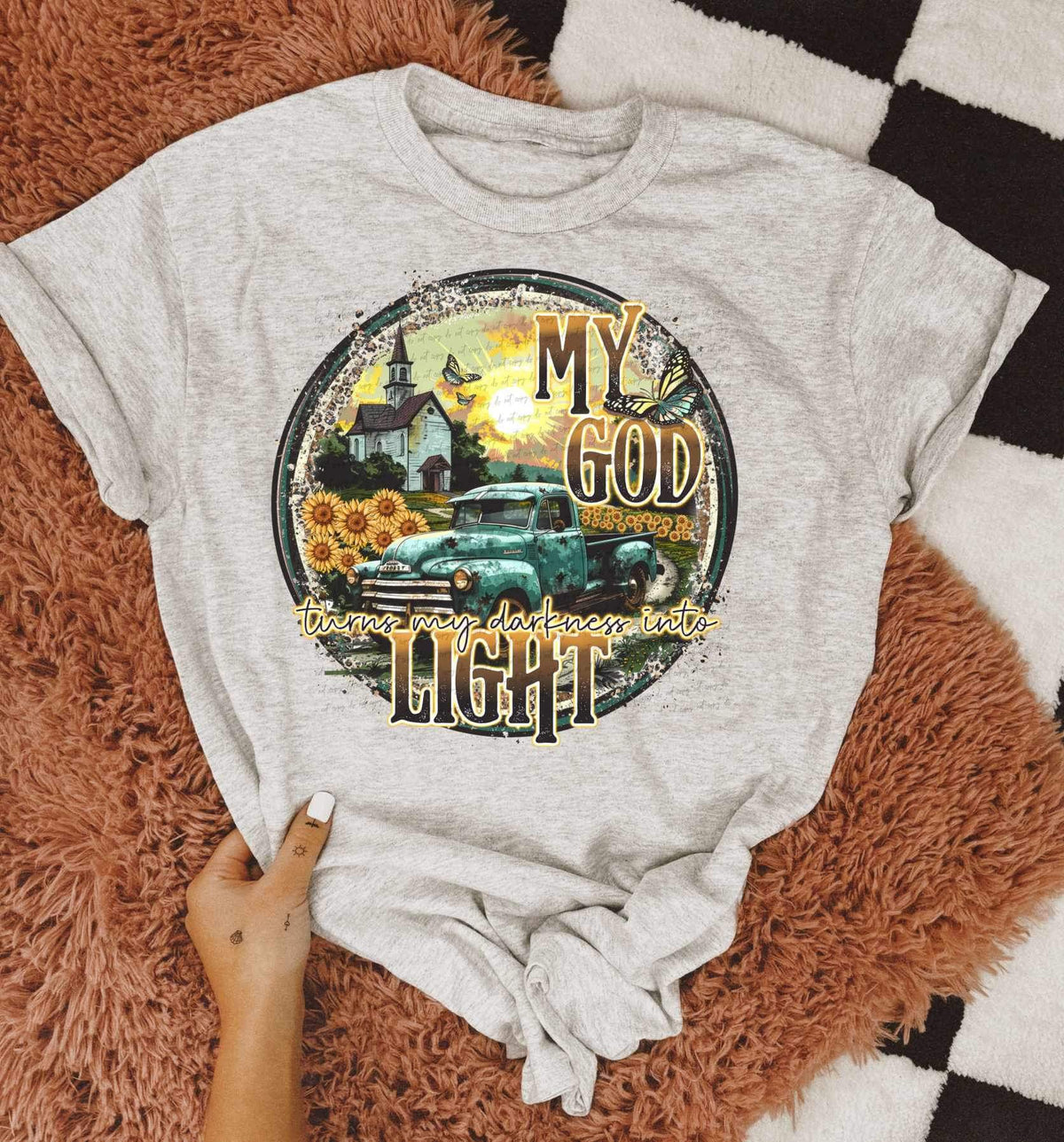 My god turn my darkness into light circle with teal truck 24610 DTF transfer