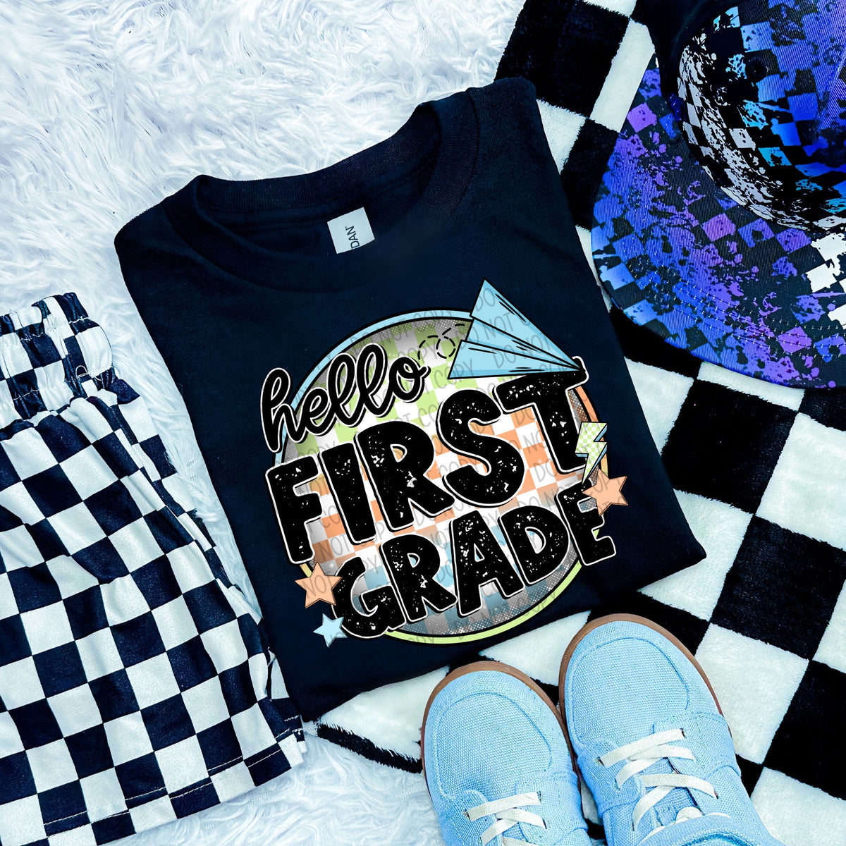 Hello first grade checkered circle BOY (SWD) 33555 DTF transfer