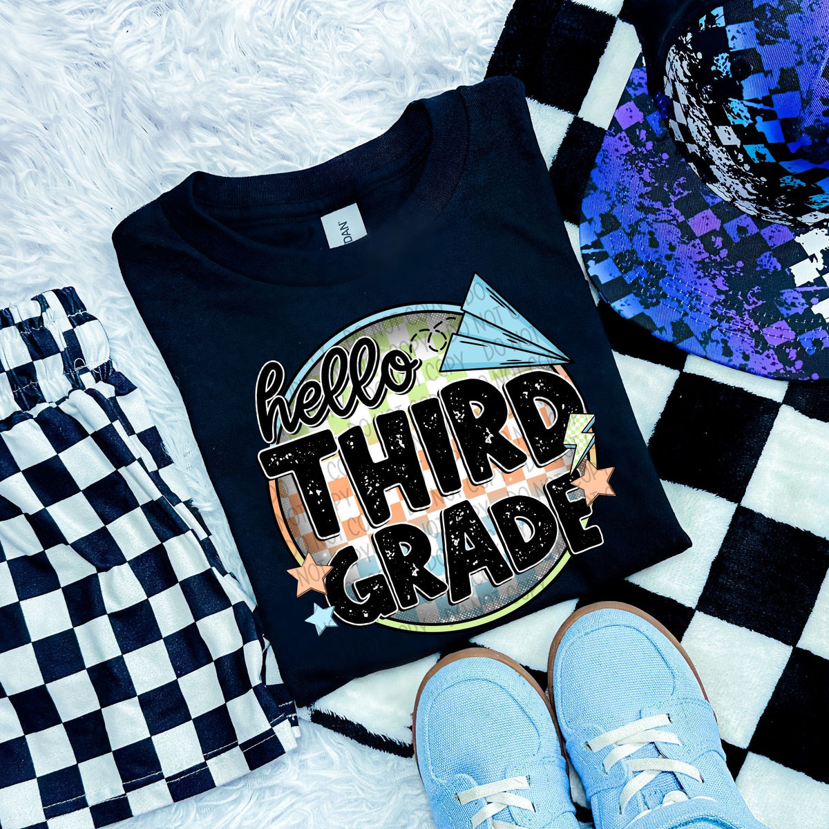 Hello third grade checkered circle BOY (SWD) 33558 DTF transfer