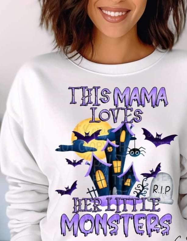 This mama loves her little monsters (haunted house with bats) 11343  DTF TRANSFER