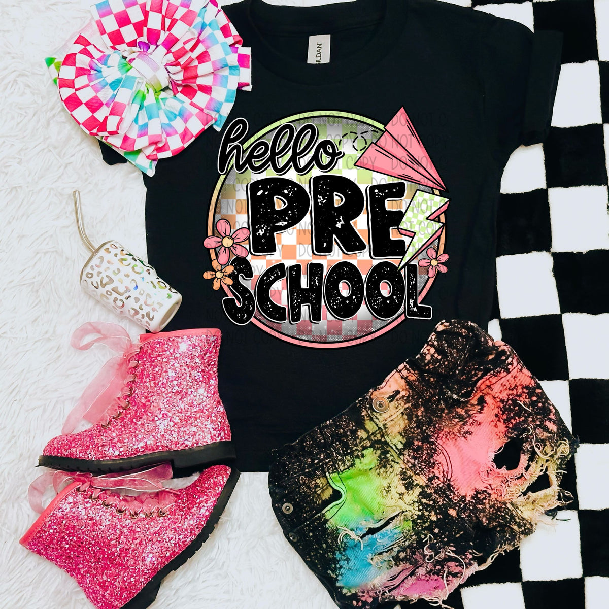 Hello preschool checkered circle GIRL (SWD) 33563 DTF transfer