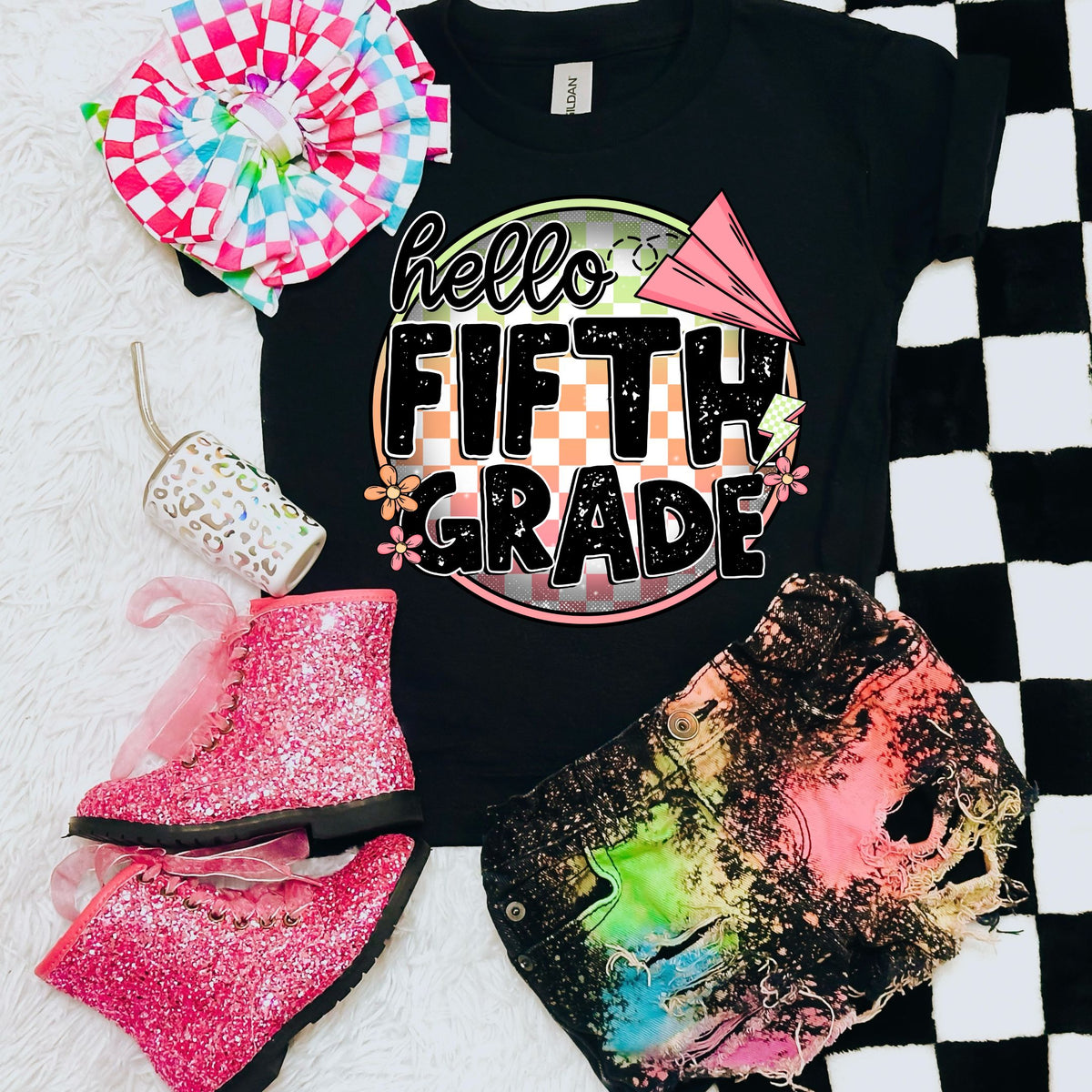 Hello fifth grade checkered circle GIRL (SWD) 33550 DTF transfer