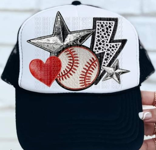 Baseball heart, star, lightning bolt hat patch 33600 DTF transfer