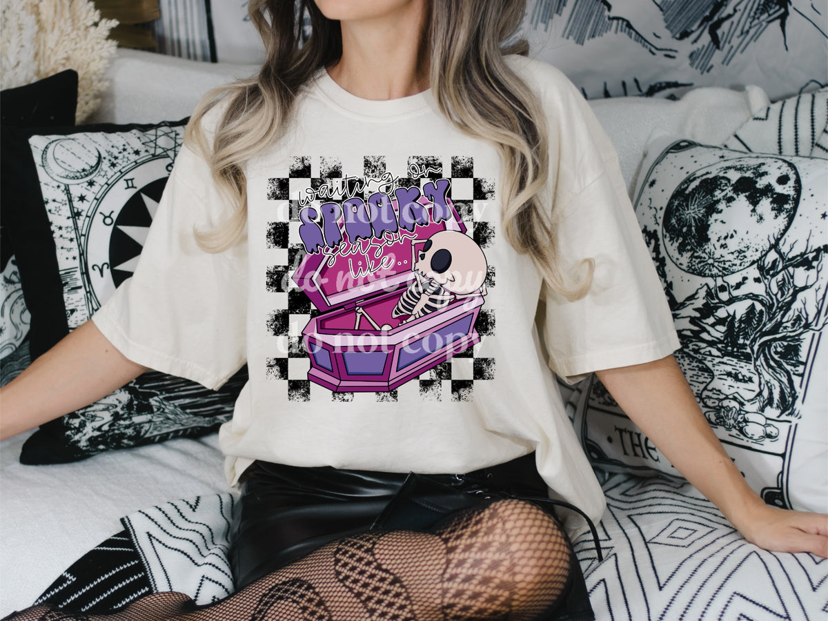 Waiting on spooky season like (skellie in purple casket) 33620 DTF transfer