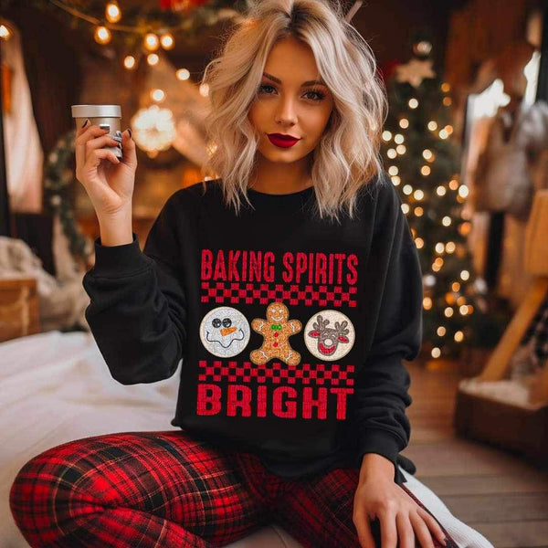 Baking spirits bright (red font with checkered print with sequin Christmas cookies) 11582 DTF TRANSFER