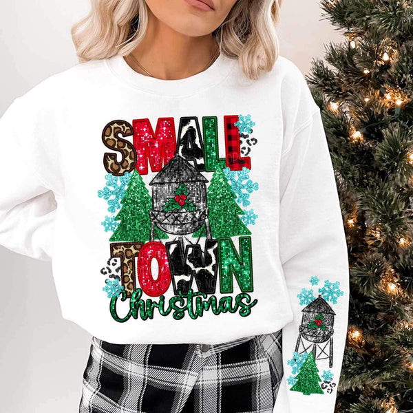 Small town Christmas (sequin with mulit print font, trees, and water tower) FRONT ONLY 11570 DTF TRANSFER