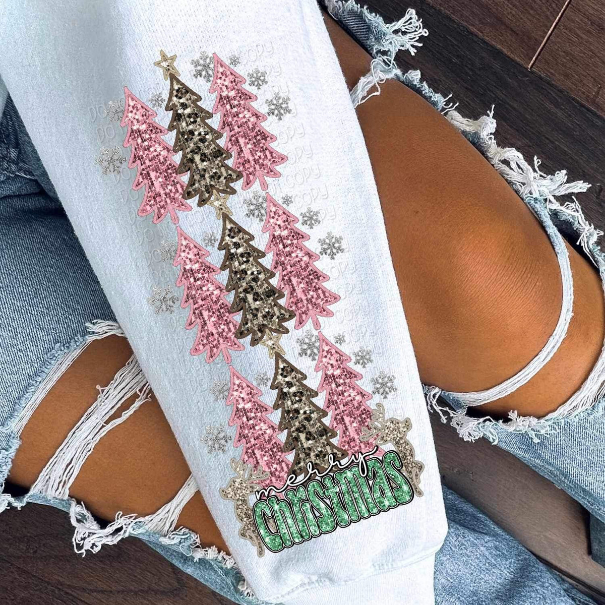 Merry Christmas with sequin pink and leopard trees SLEEVE 11569 DTF TRANSFER