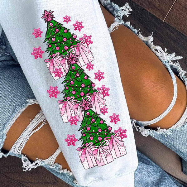 Trees with pink ornaments, snowflakes, and gifts SLEEVE 11568 DTF TRANSFER