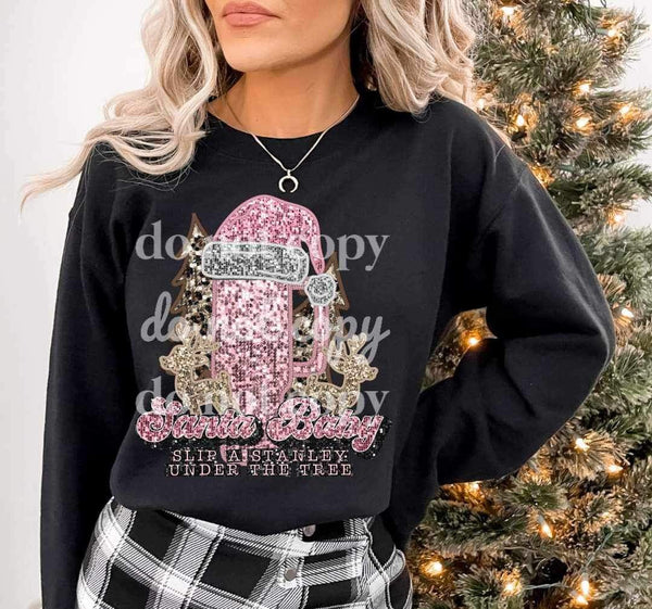 Santa baby slip a stanley under the tree (pink stanley and font with gold reindeer) 11566 DTF TRANSFER