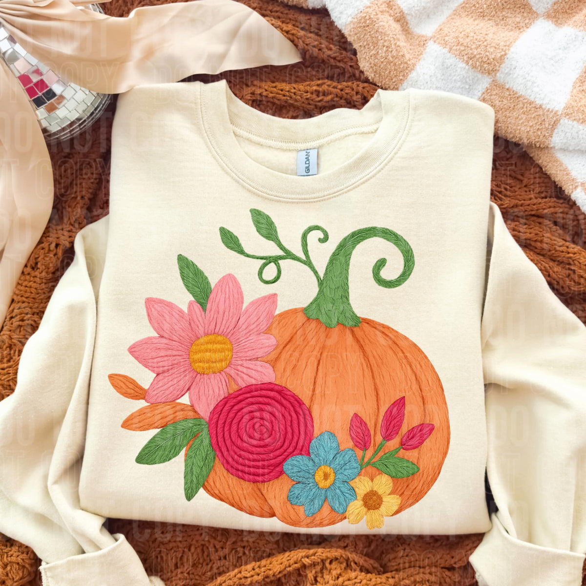Faux Embroidery pumpkin and flowers SBB (pink and blue) DTF Transfer