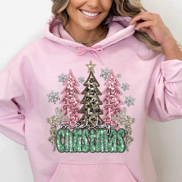Merry Christmas sequin with pink and leopard trees and reindeer 11563 DTF TRANSFER