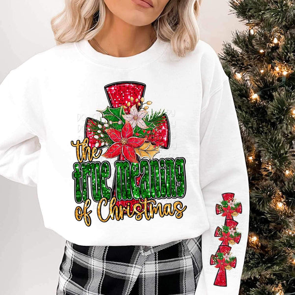The true meaning of Christmas (sequin with red cross with poinsettias) FRONT ONLY 11560 DTF TRANSFER