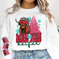 Holly jolly heifer (red sequin font with shaggy cow and pink sequin tree) FRONT ONLY 11558 DTF TRANSFER