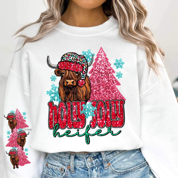 Holly jolly heifer (red sequin font with shaggy cow and pink sequin tree) FRONT ONLY 11558 DTF TRANSFER