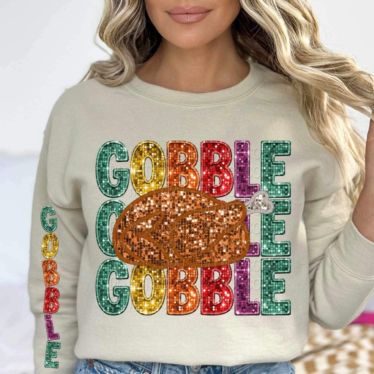 Gobble stacked with sequin and muli color font and turkey FRONT ONLY 11556 DTF TRANSFER