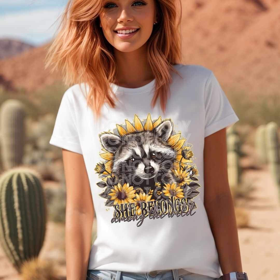 She belongs among the wild raccoon and sunflower (SSD) 24751 DTF transfer