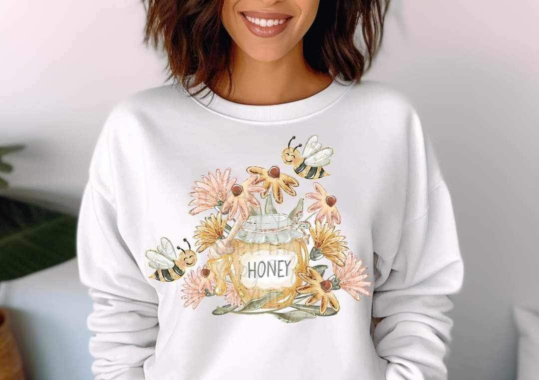 Honey with honey jar, pastel flowers, and bees FRONT 11616  DTF TRANSFER