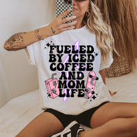 Fueled by iced coffee and mom life pink lightning bolt (VIRGO) 33667 DTF transfer