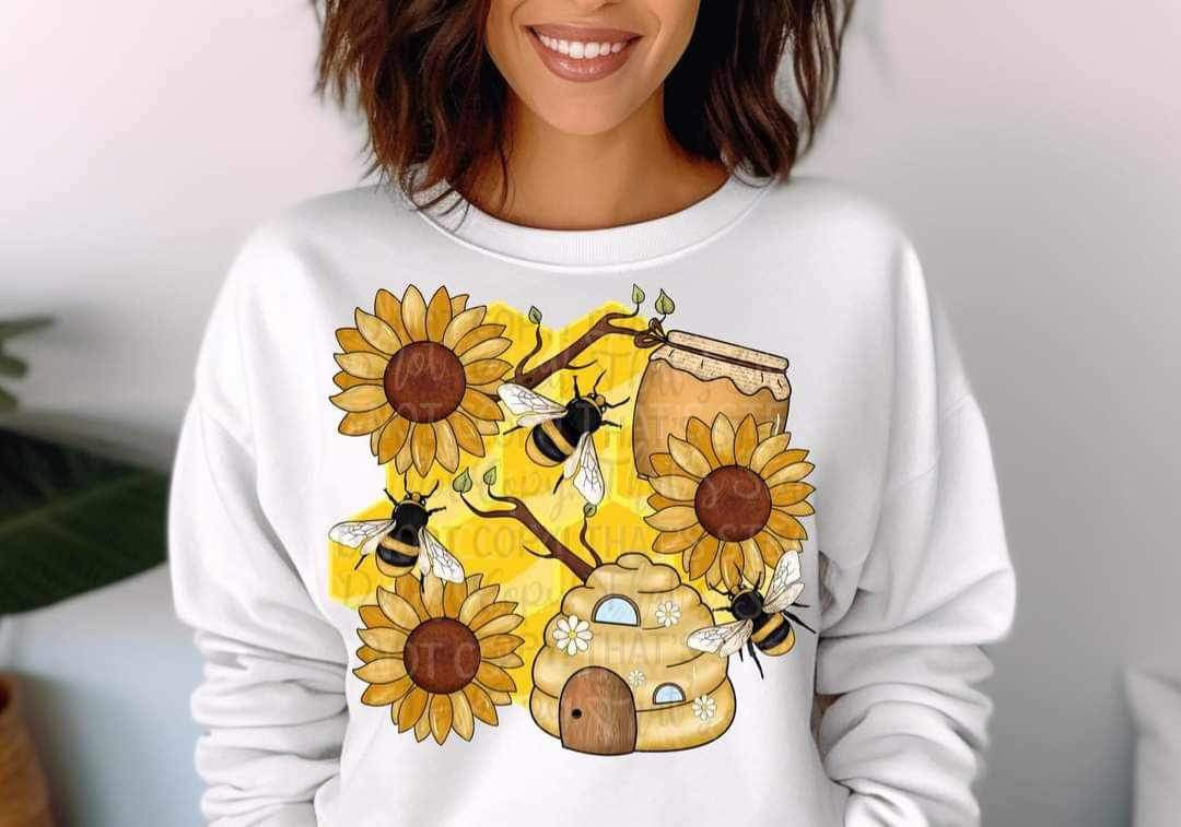 Bees with beehive, honeycombs, and sunflowers 11602 DTF TRANSFER