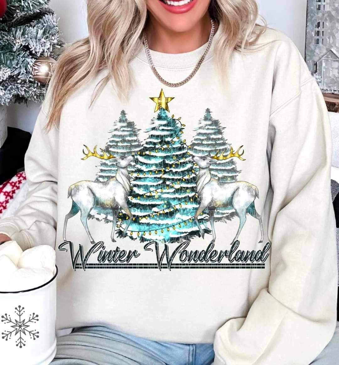 Winter wonderland with blue trees and reindeer 11607  DTF TRANSFER