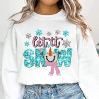 Let it snow (pink and blue sequin font with snowman and snowflakes) 11642 DTF TRANSFER