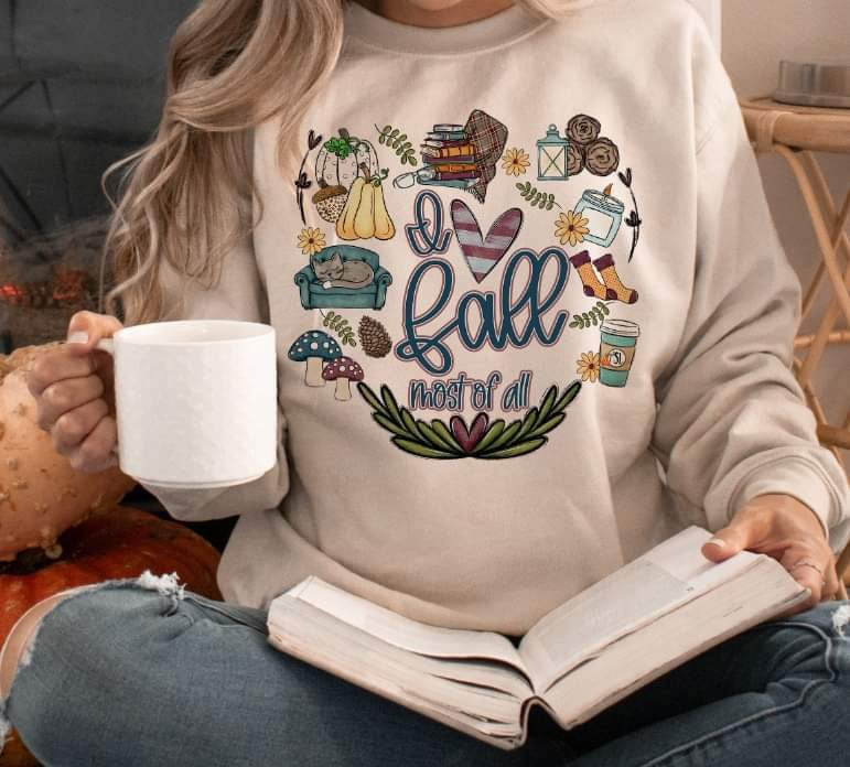 I love fall most of all (mushrooms, couch, pumpkins, books, lantern, pine cones, candle, socks, latte) 11647 DTF TRANSFER