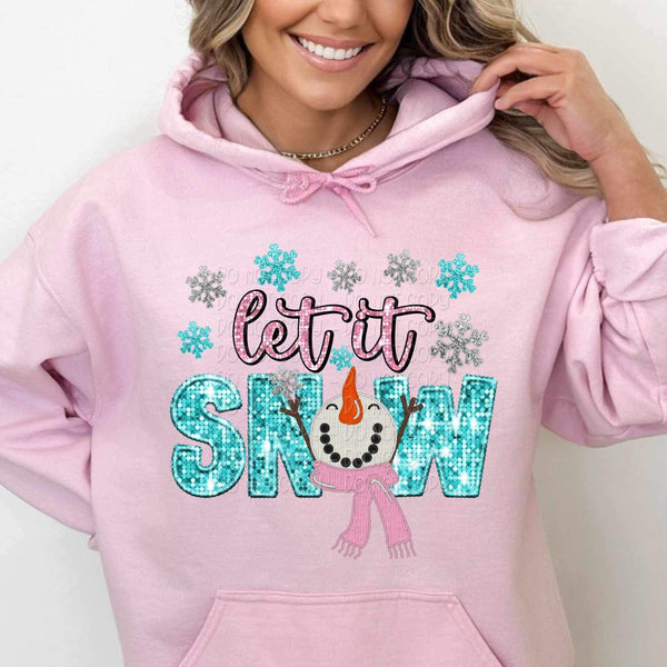 Let it snow (pink and blue sequin font with snowman and snowflakes) 11642 DTF TRANSFER