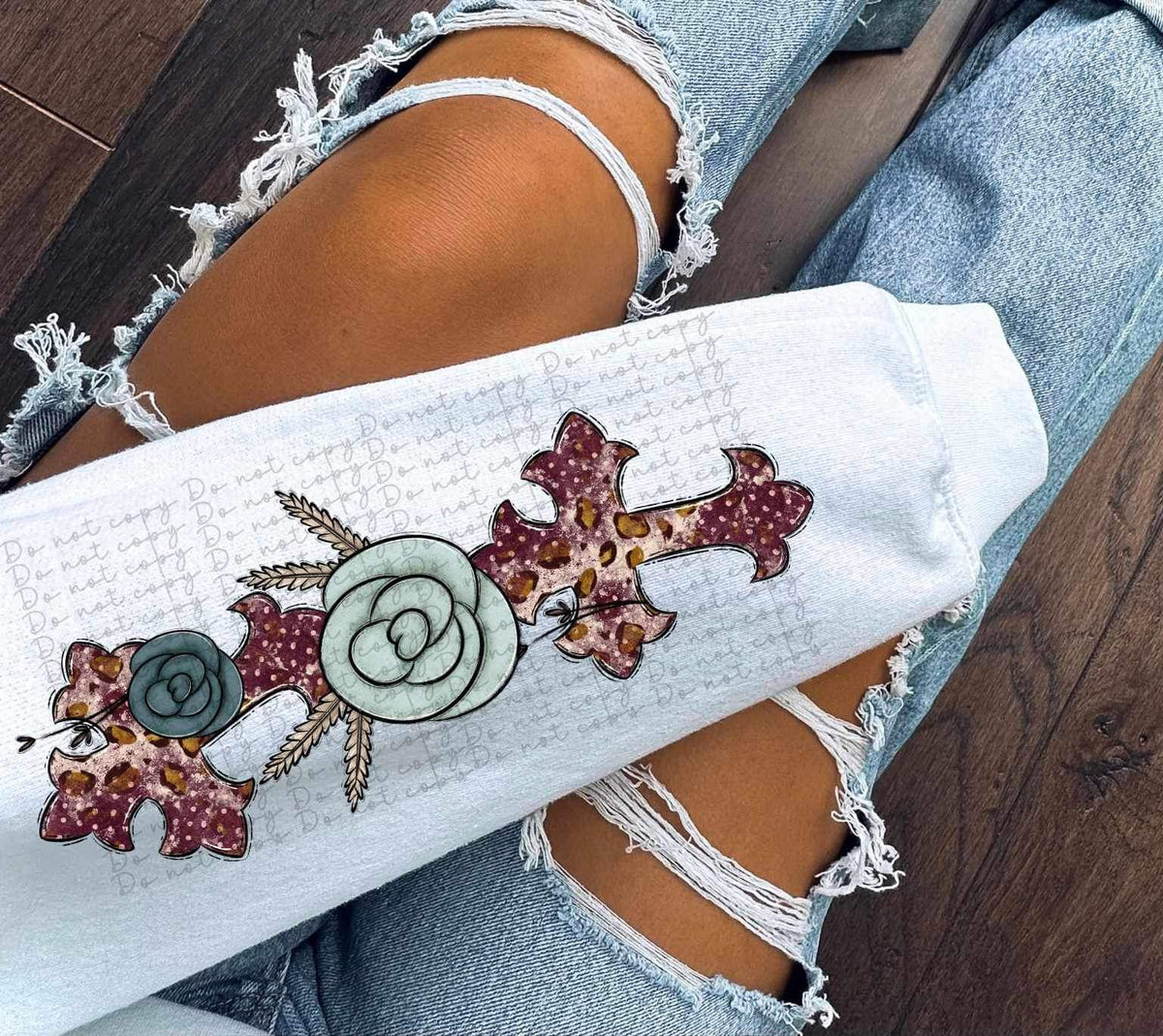 Polka dot and leopard crosses with blue flowers SLEEVE 11637 DTF TRANSFER