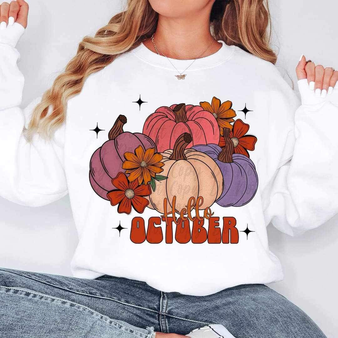 Hello october with pumpkins and leaves 11687 DTF TRANSFER