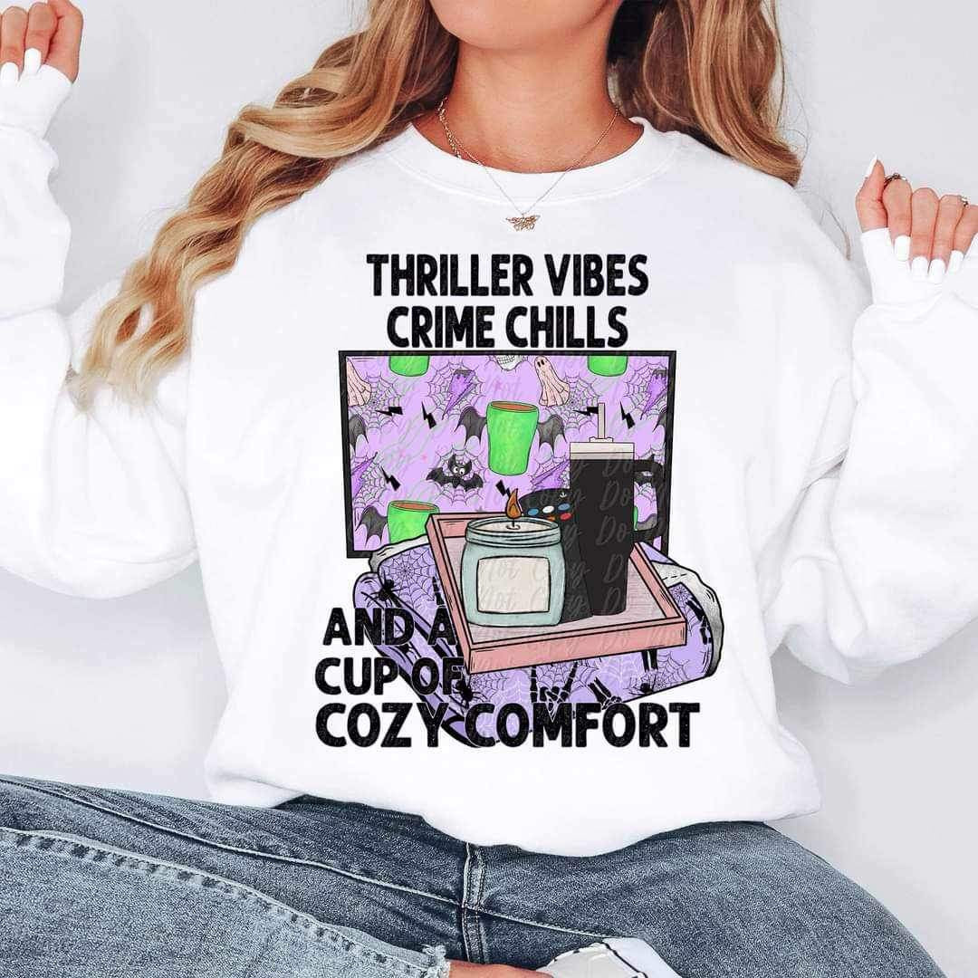 Thriller vibes, crime chills, and cup of cozy comfort (blanket, candle, cup, halloween background) 11686 DTF TRANSFER