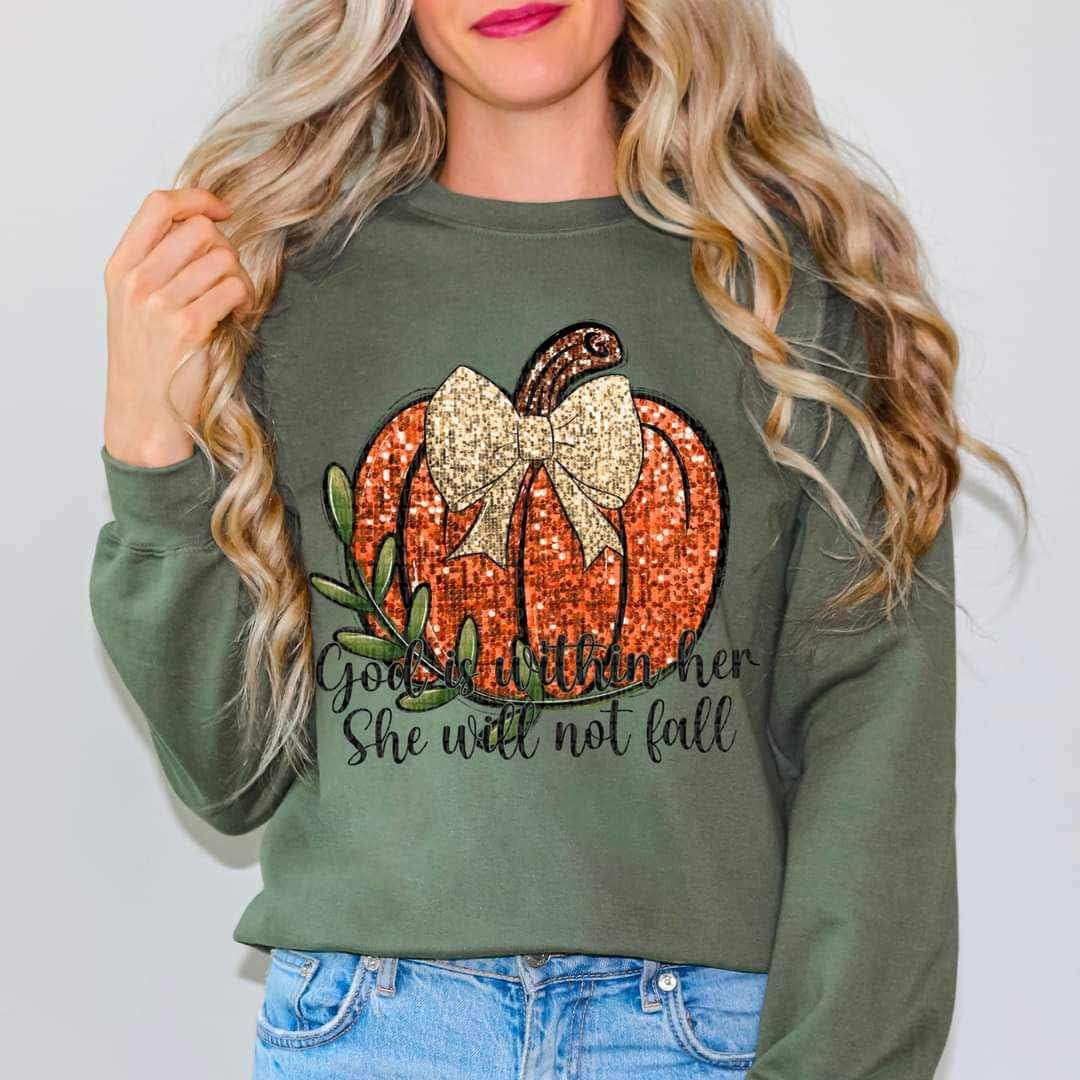 God is within her she will not fall (sequin pumpkin with bow) 11819 DTF transfer