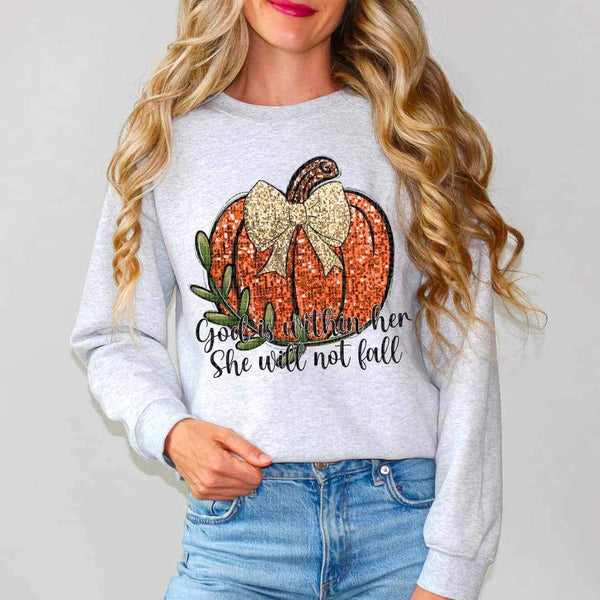 God is within her she will not fall (sequin pumpkin with bow) 11819 DTF transfer