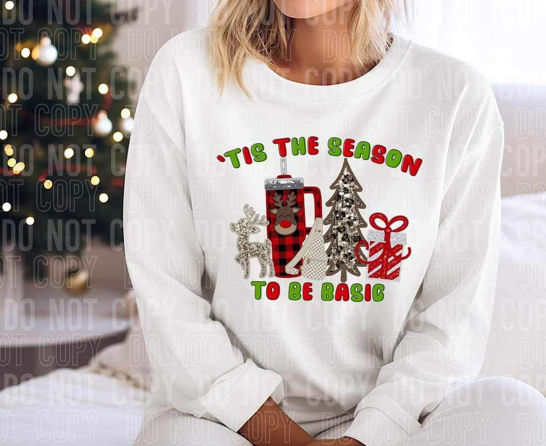 Tis the season (red green font with reindeer, buffalo plaid cup, belt bag, tree, and gift) 11808 DTF transfer