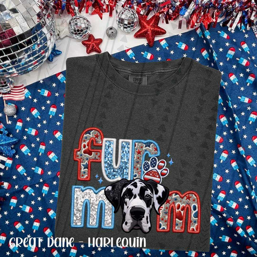 Fur mom harlequin great dane patriotic embroidery 33808 DTF transfer