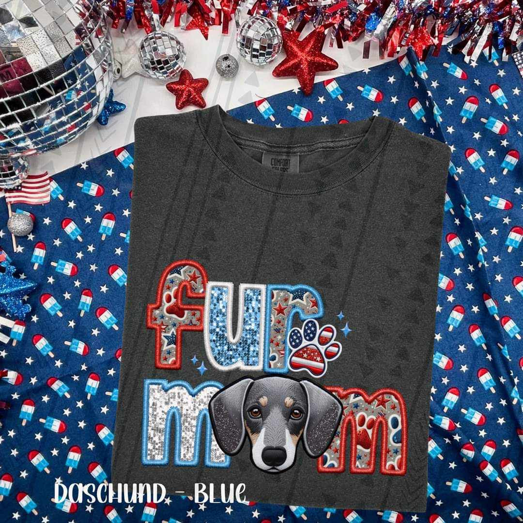 Fur mom blue dachshund patriotic embroidery 33806 DTF transfer
