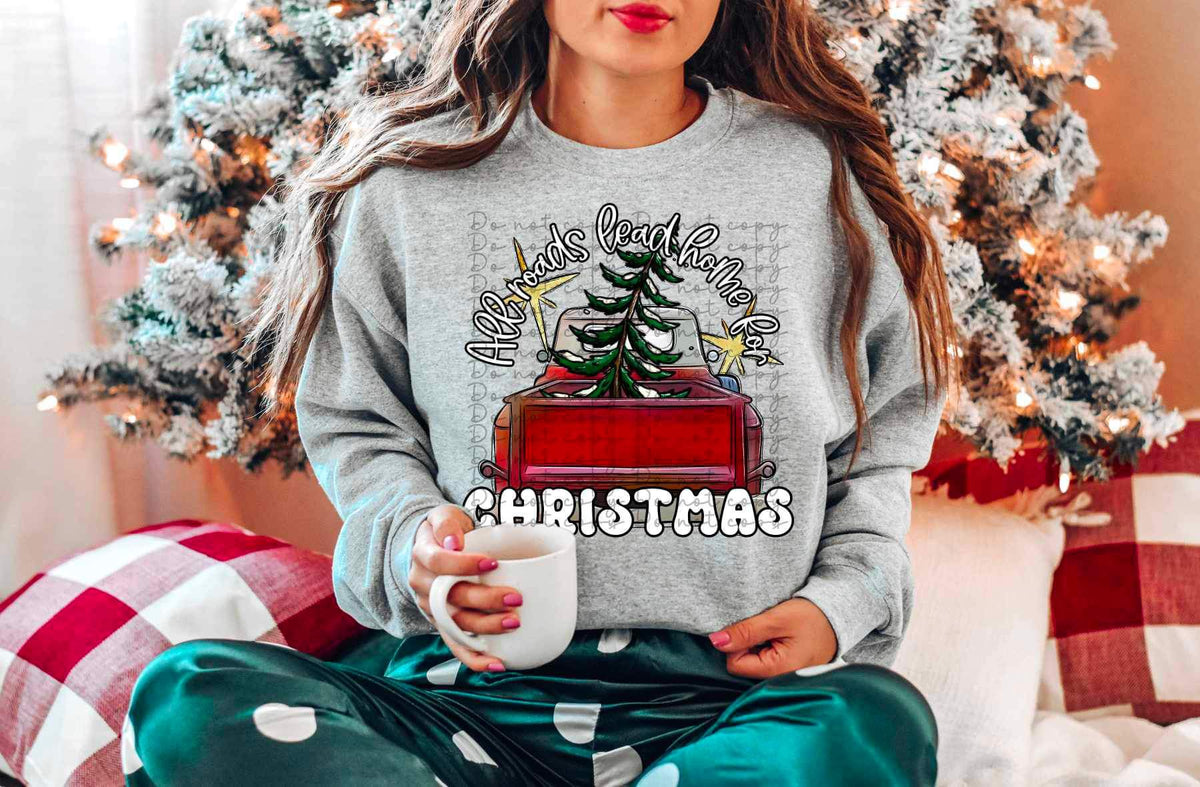 All roads lead home for Christmas (red truck bed with tree) 11799 DTF transfer