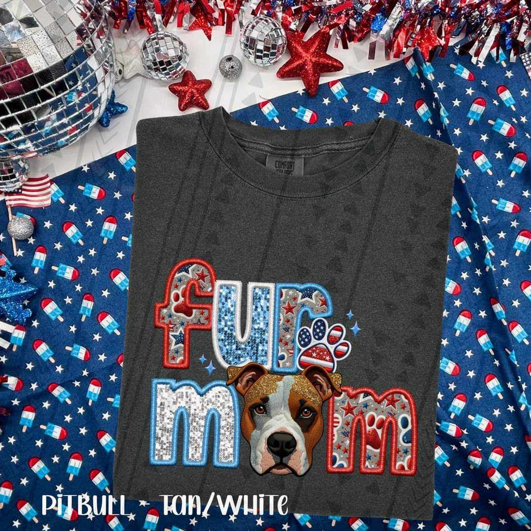 Fur mom fur tan white pitbull patriotic embroidery 33801 DTF transfer