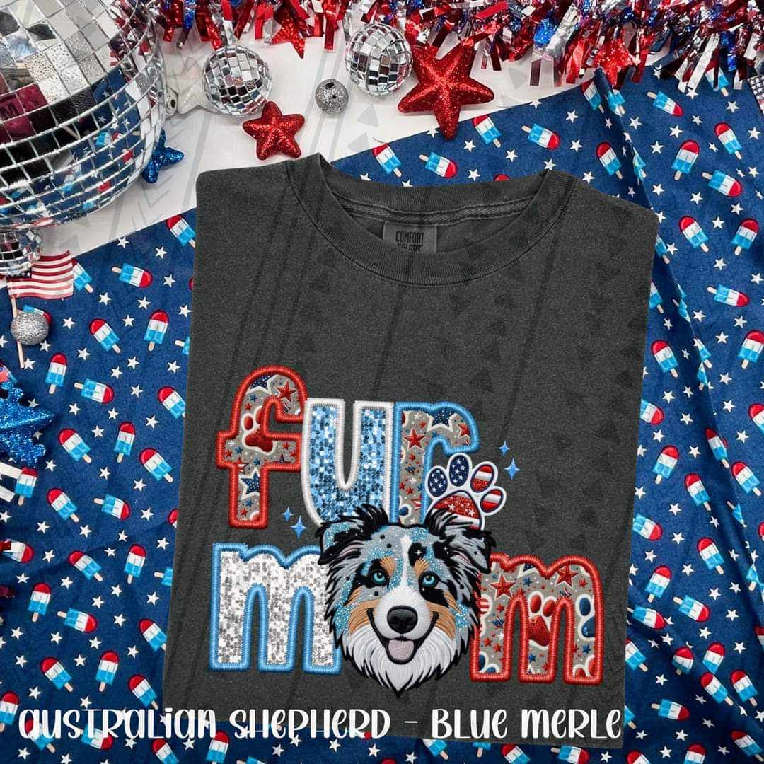 Fur mom furblue merle australian shephard patriotic embroidery 33799 DTF transfer