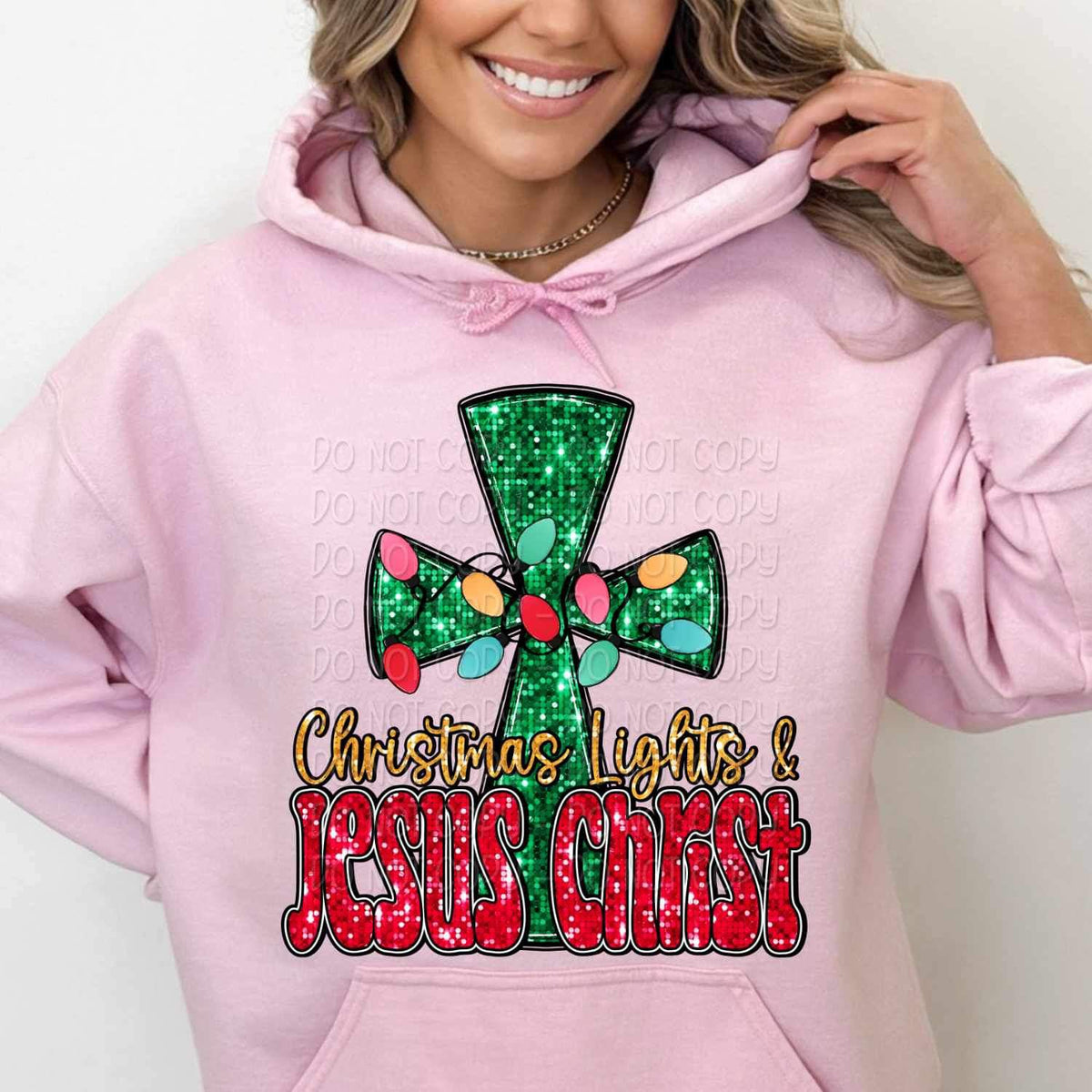 Christmas light & jesus christ (sequin with gold and green font with green cross) 11776 DTF transfer
