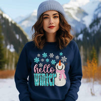 Hello winter (sequin with pink and blue font with snowman in pink scarf and snowflakes) 11762 DTF transfer