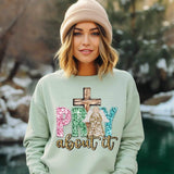 Pray about it (sequin with pink green and blue font with angel and wooden cross 11766 DTF transfer